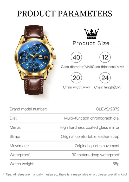 OLEVS Sport Quarz Chronograph Uhr für Herren, Wasserdicht mit Luminous Zeigern, Auto Date, Lederarmband