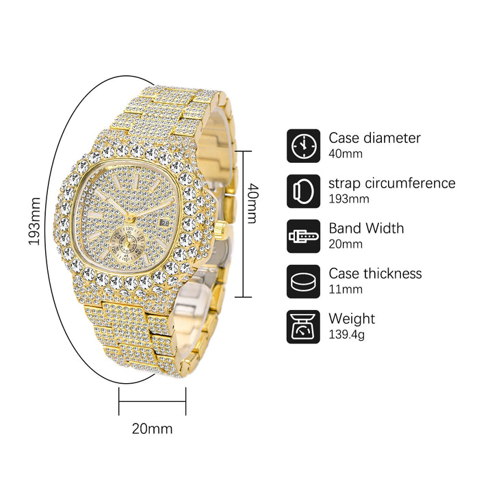 Luxus "Iced Out" Quarz-Armbanduhr für Herren – Edelstahl, Stoßfest, Wasserdicht