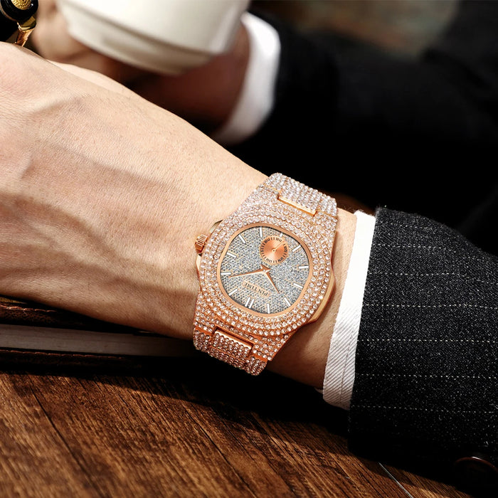 PINTIME Iced Out Quarzuhr für Herren, 3ATM Wasserdicht, Mode Hip Hop Armbanduhr mit CZ Kristallen, Unisex