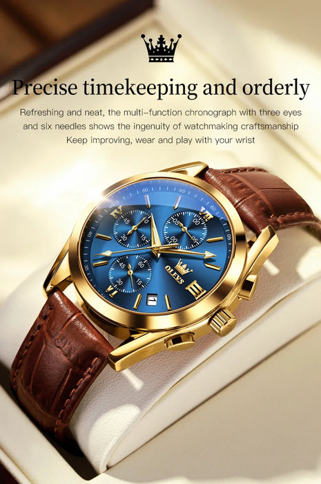 OLEVS Sport Quarz Chronograph Uhr für Herren, Wasserdicht mit Luminous Zeigern, Auto Date, Lederarmband