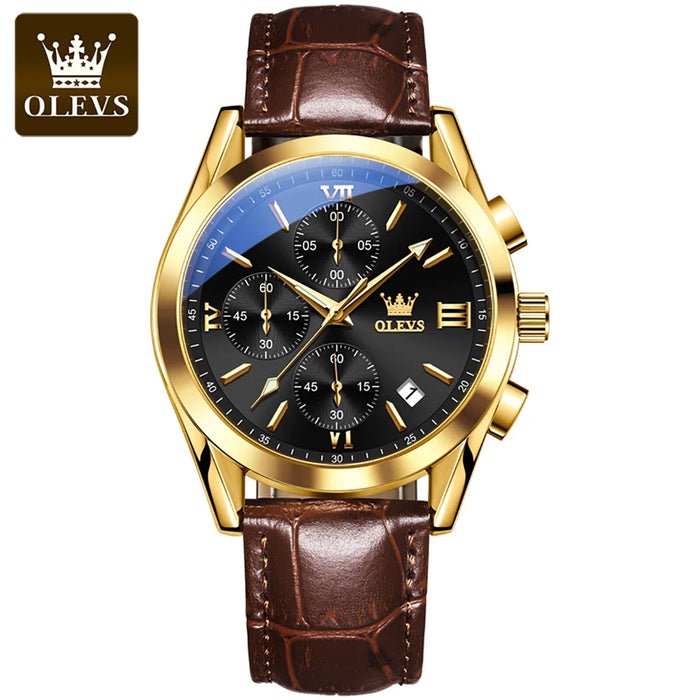 OLEVS Sport Quarz Chronograph Uhr für Herren, Wasserdicht mit Luminous Zeigern, Auto Date, Lederarmband