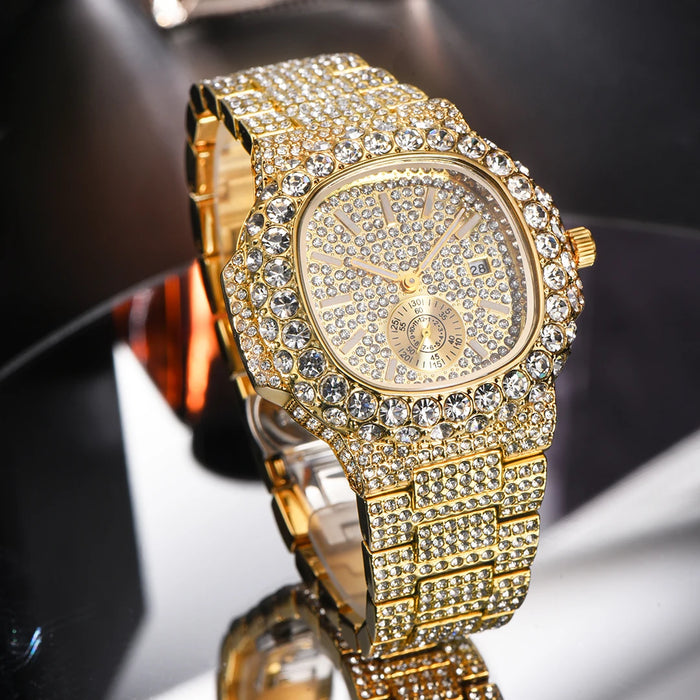 Luxus "Iced Out" Quarz-Armbanduhr für Herren – Edelstahl, Stoßfest, Wasserdicht